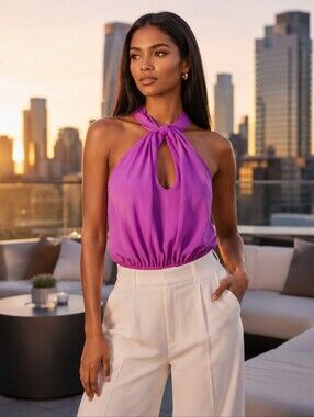 Blue Blush Marta Double Knot Halter Bodysuit Pretty Pink NWT Small